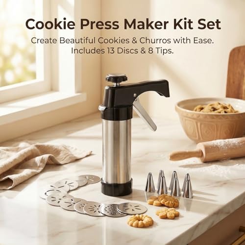 Cookie Press Kit, Stainless Steel Cookie Gun with 13 Discs & 8 Nozzles, Effortless Cookie Maker and Frosting Decorating Tool for Bakers