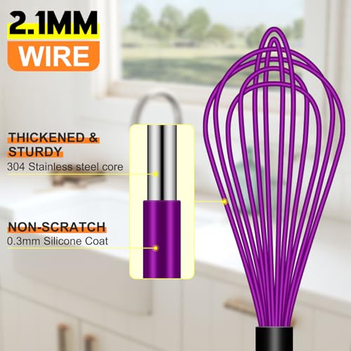 HOTEC 4Pcs Silicone Whisk Set, Wire Balloon Whisks for Cooking Egg Beater - color: Purple