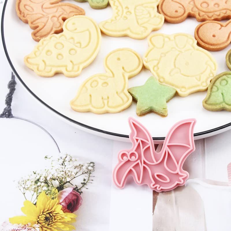 6 Pieces Cute Dino Cookie Cutters Cartoon Dinosaur Cookie Mould Cookie Stamps Set Kitchen Tools Plastic Dino Cookie Press (Dino 0209B) - color: Dino 0209B
