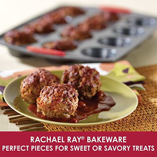 Rachael Ray Yum-o! Nonstick Bakeware 12-Cup Muffin & Cupcake Tin With Grips - Gray with Red Grips - color: Red Grips, size: 12 Cup
