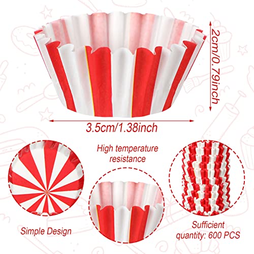 Pinkunn 600 Count Mini Cupcake Liners Bulk Red White Striped Carnival Decor