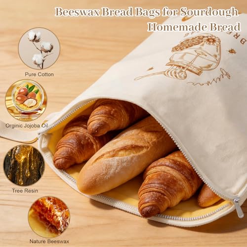 2 Pack Reusable Beeswax Bread Bags for Homemade Sourdough, with Wide Zipper - color: Ivory