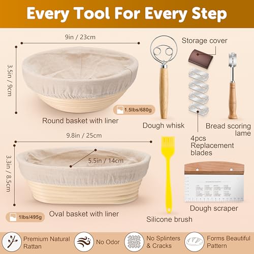 TeamFar Sourdough Bread Baking Supplies, 9" Round & 10" Oval