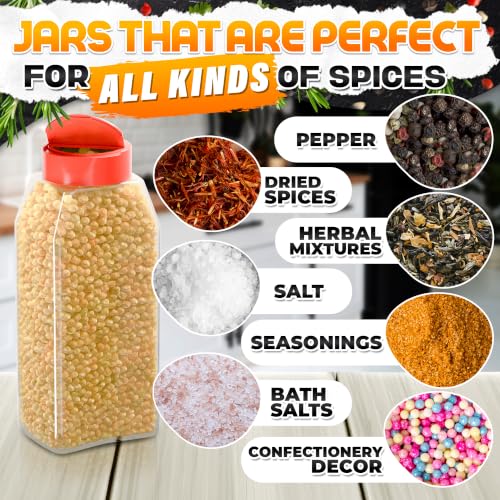 6 Pcs Seasoning Shakers 32 Oz, Red Lids, Clear Plastic Spice Jars - color: Red