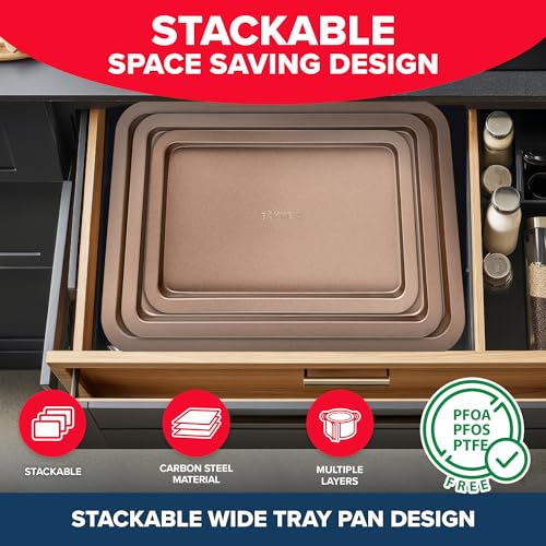 BAKKEN 3-Piece Kitchen Baking Pans - Small, Medium, and Large Cookie Pan, With Nonstick Coating, Stackable and Space-saving Design, PFOA, PFOS, PTFE Free, Oven Safe Tray (Up To 450°F), Brown - color: Brown, size: 3 Piece Set