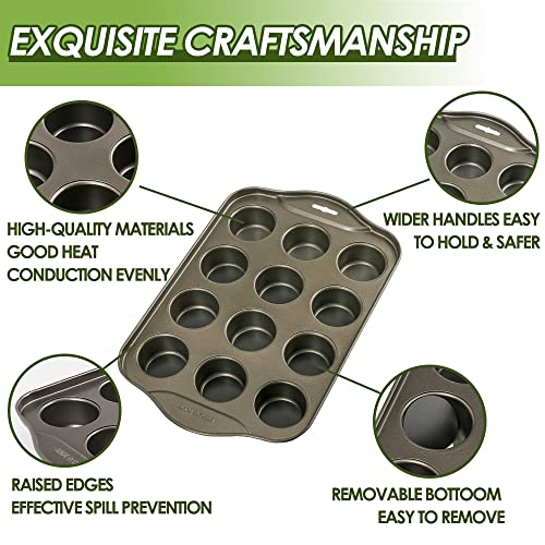 Mini Muffin Pan 12 Cup with Removable Bottom,Nonstick Cupcake Pans for Baking,Mini Muffin Cheesecake Tin for Oven, 12 Cavity Premium Carbon Steel Bakeware for Bite Size Tarts