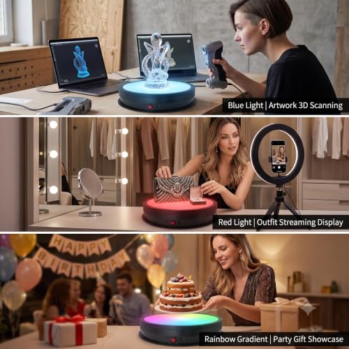 JAYEGT LED Light Base Non-Slip Rotating Display Stand , 110Lbs Load,360 Photography Turntable for Products Shows, Glass Crystal Artwork, Jewelry,Remote control(16.5inch / 6Color LED Light/Black/Wired) - color: Black, size: 16.5inch