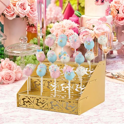 Cake Pop Stand, Gold Metal Wood 21 Holes Lollipop Holder, Collapsible 3 Tier Cake pop Sticks,Cake pop Stand for Drying Dessert Table of Baby Showers,Weddings, Birthday,Party(1pack)