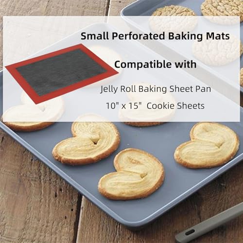 Perforated Silicone Baking Mat for Jelly Roll Pan, Non-Stick Eclair Baking Mat for 10 x 15-inch Tray Pan, 2 Pcs Mesh Cookie Sheet Liner for Homemade Bread, Sugar Cookie and Pastry - size: (14.5'' x 9.6'') Jelly Roll