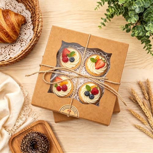50Pcs 6x6x3 Inch Cookie Boxes with Window, Boxes for Baked Goods - size: Medium-Brown