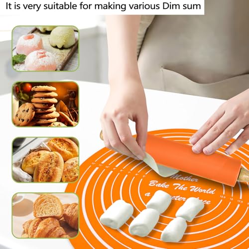 Silicone Rolling Pin Backing Mat Set, 13" Dough Roller with Non Stick Pastry Sheet, Small Fondant Roller Round Kneading Mat for Bread Cookie Pie Pizza Sourdough Kitchen (Orange) - color: Orange