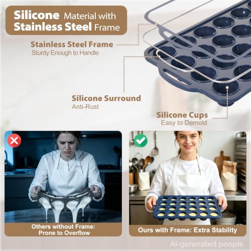 2 Pack Mini Silicone Muffin Pan with Frame, Non Stick Cupcake Baking - color: Gray, size: Mini: 24 Cup