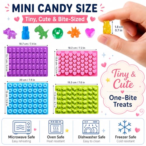 Gummy Bear Molds, 4 Trays, 201 Cavities, 3 Droppers, Silicone - color: Bear + Dinosaur + Mini Donut Mold + Mini Heart