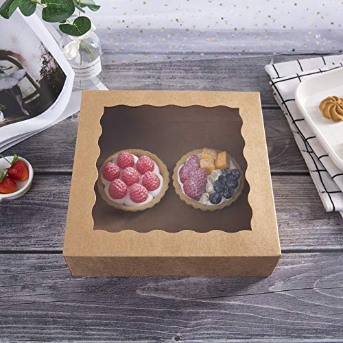 ONE MORE [15pcs] 10inch Kraft Bakery Boxes, Large Pie Boxes with PVC Window Natural Disposable Box for Cookie 10x10x2.5inch,Pack of 15