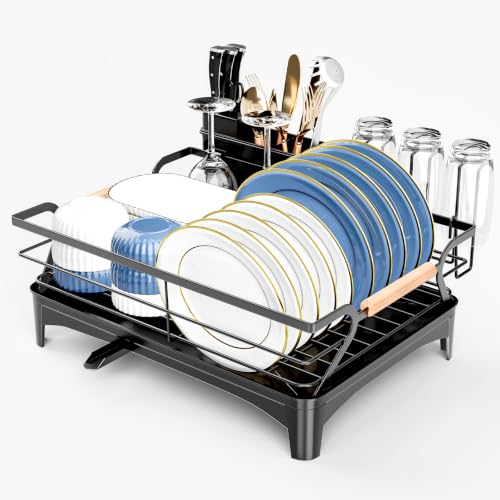 Dish Drying Rack,Space Saving Dish Drainer for Kitchen Counter & Sink,Black - color: Black
