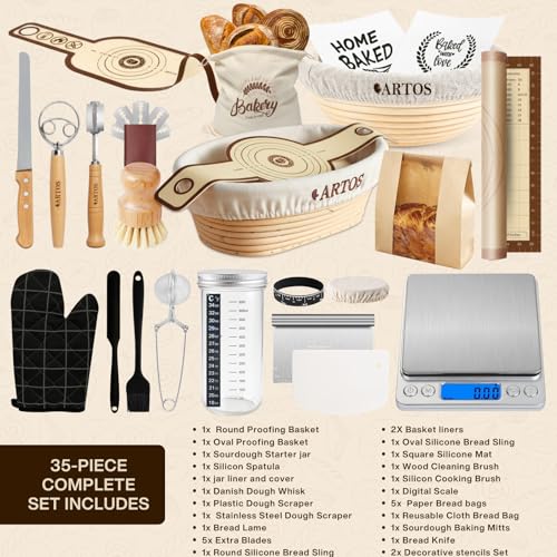 ARTOS Sourdough Starter Kit - Banneton Proofing Baskets, Dough Whisk, Bread Lame & Scrapers, Starter Jar & Scale - Complete Bread Baking Supplies for Beginners & Home Bakers - size: 35 Piece Kit