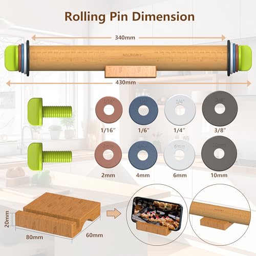 Adjustable Rolling Pin with 4 Thickness Rings &Wood Stand For Baking Dough - color: Wood