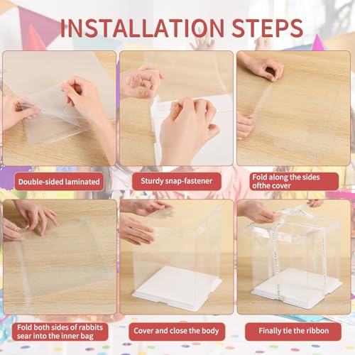 JCD 6Pcs Multi-Layer Tall Cake Boxes Clear Box with Ribbon, 8x8x9 inch,Ideal for 6" Inch Tall Layer Tiered Cakes,Gift Boxes for Wedding Party and Gift Display (Clear Lid, 8 * 8 * 9inch/6Pcs) - size: Clear Lid 8inch/6Pcs