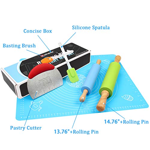 1Set Rolling Pin Pastry Mat Set Non-Stick 6 in 1 Dough Roller Baking Kit with Pastry Cutter Reusable Kneading Mat Scraper Basting Brush