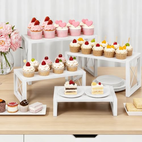 ELITEROO Tiered Display Stand, Wooden 4 Tier Display Risers, Nesting Cupcake Stand for Dessert, Food, Cupcake, Collectibles, Buffet Table, and Market Vendor Events Retail Shelf Organizer, White - color: 4 Tier, White