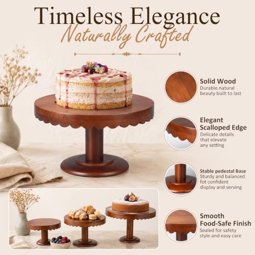 LemonRoad 3 Pcs Scalloped Wooden Cake Stand Set Rustic Cupcake Stand, Wood