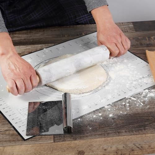 African Natural Marble Rolling Pin, Non-Stick Polished Dough Roller, Pasta, Dumpling, Fondant, Pie Crust, Bread, Pizza Dough, Kitchen Baking Pastry Tools with Mat/Scraper(Grigio Fantasy) - color: White and Grey Marble with Pastry Mat