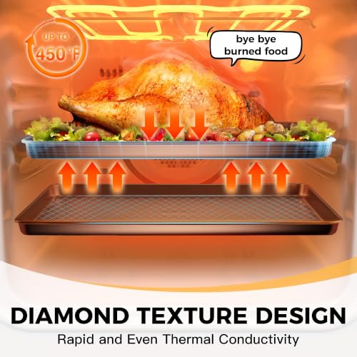 HONGBAKE 9-Piece Baking Pans Set Nonstick, Stackable Non Toxic Bakeware Sets with Diamond Texture, Oven Pan Set for Cooking, Includes Cookie Sheet with Rack, Cake Pan, Roasting Pan, Muffin Tin, Gold - color: Champagne Gold