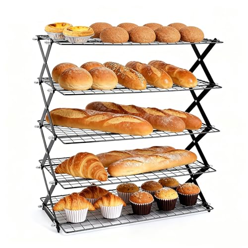 5 Tier Collapsible Cooling Rack, 2/3/4/5-Tier Upgraded,Adjustable ＆ Stackable Baking Rack, 5 Modes Cooling Racks for Cooking and Baking, Roasting ＆ Grilling Gifts for Picnic Party - color: Black