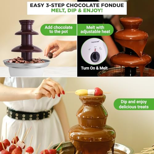 NutriChef Electric 3 Tier Chocolate Fondue Fountain | Countertop Chocolate Melter & Warmer Pot | Easy-to-Clean, Perfect for Dipping Strawberries, Marshmallows & Fruit | Pot Capacity 16 OZ