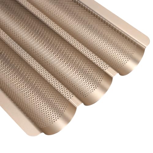 MOUYAT 3 PCS Baguette Bread Pans, 15.2 x 11.2 Inch Gold Carbon Steel 3 Cavity Bread Baking Pans, Nonstick Baguette Bread Loaf Pans for Long Shaped Bread Baking