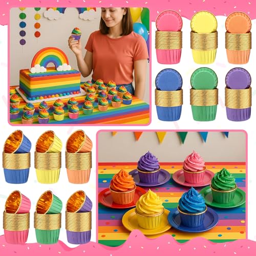 Geiserailie 100 Pcs Rainbow Foil Cupcake Liners, Baking Cups - color: Rainbow, style: Classic