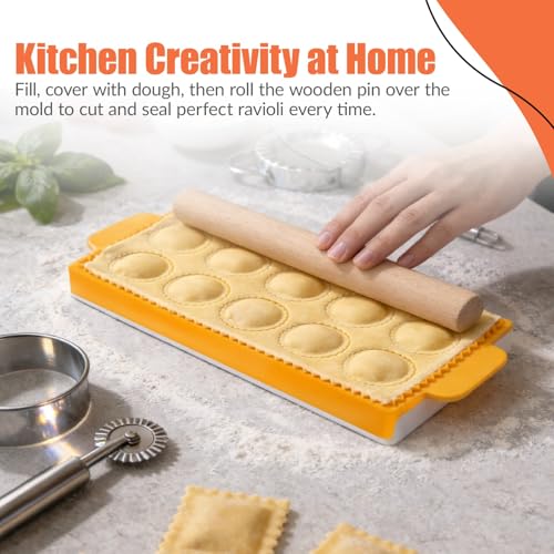 Ultimate Ravioli Maker Press & Dumpling Maker Kit - 10-Hole Ravioli Mold, Pasta Roller, Pastry Wheel & Pierogi Press - Stainless Steel Empanada Maker Machine & Pasta Making Tools for Kitchen (Round) - size: Round Shape