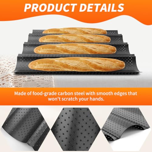 Baguette Pan Set, 4 Loaf Perforated French Bread Baking Pan Kit Set