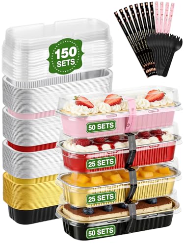 NEEBAKE 150 Pack 6.8 oz Disposable Mini Loaf Pans with Lids and Spoons - 6.5x2.5x1.2 Mixed Color Aluminum Loaf Pans, Small Aluminum Tin Foil Baking Pan, Food Containers for Baking, Cakes, Bread - color: Mixed Color