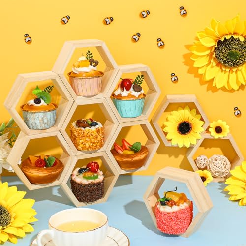 Fairysandy 12 Pcs Mini Honeycomb Cupcake Stand 50 Tiny Wooden Bee, Wood - color: Wood Color