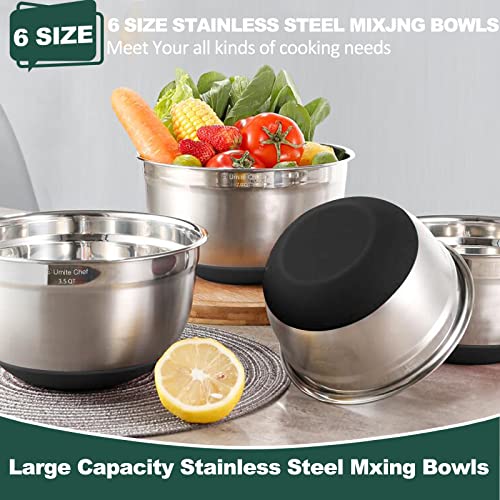 Umite Chef Mixing Bowls with Airtight Lids，6 piece Stainless Steel Metal Nesting Storage Bowls, Non-Slip Bottoms Size 7, 3.5, 2.5, 2.0,1.5, 1QT, Great for Mixing & Serving(Black) - color: Black