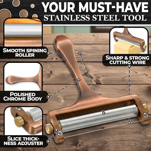 Rolling Cheese Slicer with Wire, Adjustable Thickness (Bronze Wire)