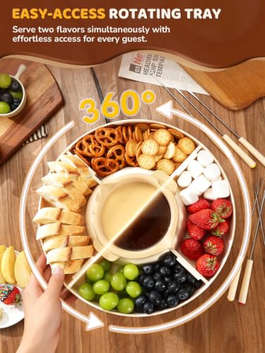 LUSHYUM Electric Chocolate Fondue Pot Set, 4-Cup Chocolate, Rotating Tray - color: White-fondue Pot
