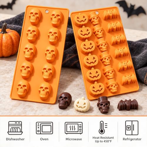 2 Pcs Halloween Silicone Molds, Halloween Pumpkin Bat Skull Shape Chocolate Molds for DIY Halloween Cupcake Candy Baking Molds - color: Halloween Molds