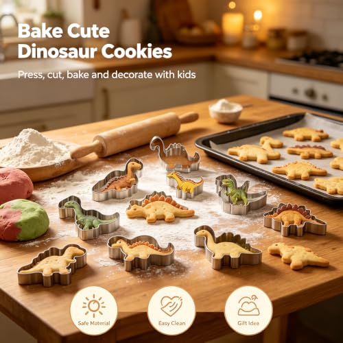 Dinosaur Cookie Cutters Set, 12 Piece Stainless Steel Shaped Cookie - color: Dinosaur