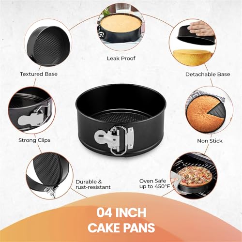 RFAQK 4 Inch Mini Cheesecake Pans Leakproof, 4pcs Small Nonstick Springform Pans with Removable Bottom, Includes 50pcs Parchment Papers, E-Book, Perfect for Baking Mini Cakes, Pizzas, Quiches & More! - size: 4-Inch