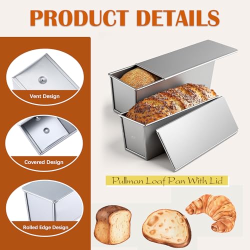 2 Pcs Pullman Loaf Pan with Lid, 13x4 Inch 2lb Dough Capacity Non-Stick Bread Baking Pan for Sandwich Bread, Toast, Sourdough and Homemade Baking, Silver