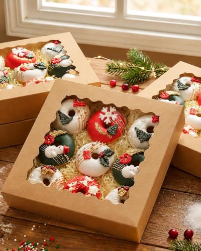 qiqee 10"x 10"x 2.5" Brown Pie Boxes with Window 50Packs Cookie Donut Bakery Box (Auto-pop Up) - color: Brown, 50Packs