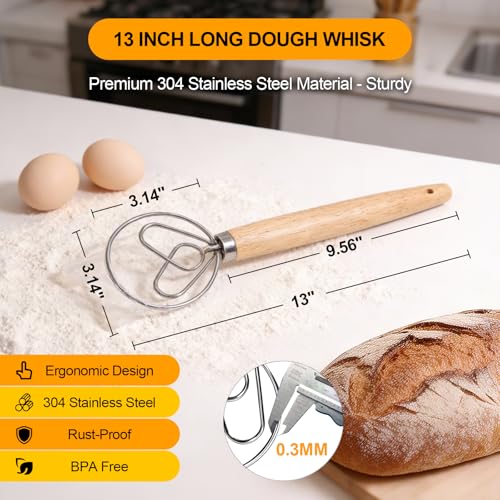 13 Inch Danish Dough Whisk, Stainless Steel Dough Whisk with Long Handle
