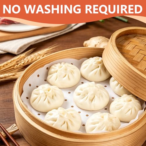 185PCS Bamboo Steamer Liner, 10 Inch White Air Fryer Liners, Non-stick Perforated Steamer Paper for Skillets, Microwave Ovens, Ovens, Steamers