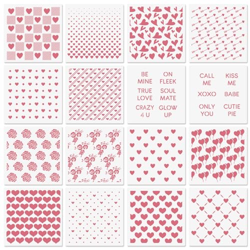 6in Hearts Love Cookie Stencils for Royal Icing, Valentine Stencils for Sugar Cookie, 16 Pcs Assorted Sizes Heart Shapes Conversation Words Rose Stencils for Baking Drawing Dessert Coffee Decoration - style: Hearts Style 2