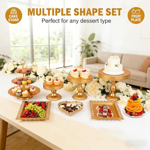 12 Set of Gold Cake Stand, Metal Gold Cupcake Stand and Bases para Postres de Mesa, Elegant Gold Dessert Stands for Party and Wedding, Easy to Clean Desert Table Display Set