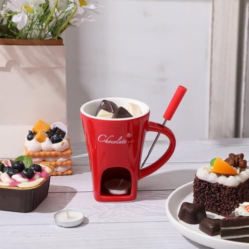 Honeydak 2 Set Chocolate Fondue Mug with Fork ＆ Candle, Red - color: Red