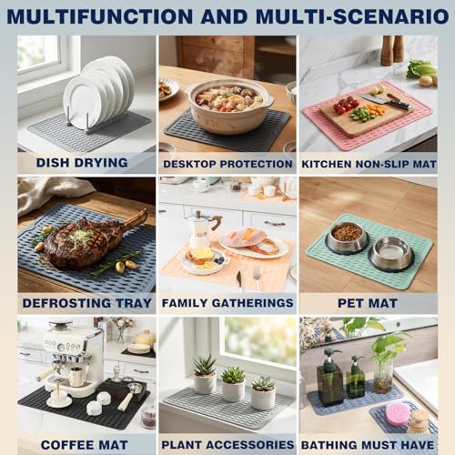 2 Pack Caketime Silicone Dish Drying Mat for Kitchen Counter Waterproof Under Sink Near Faucet with Bathroom Coffee Organizer Soap Holder New Home Essentials Drainers 17"x6" Gray