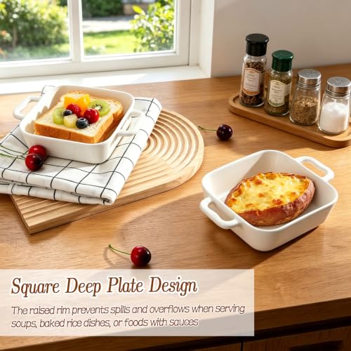 6 Inch Small Baking Dish, 17oz Individual Casserole Dishes with Handles, Deep Non Slip Base Stackable Bowls, Square Ceramic Baking Ramekins for Kitchen, Roasting & Meal Prep, Set of 3
